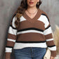 Plus Size Striped V-Neck Dropped Shoulder Sweater