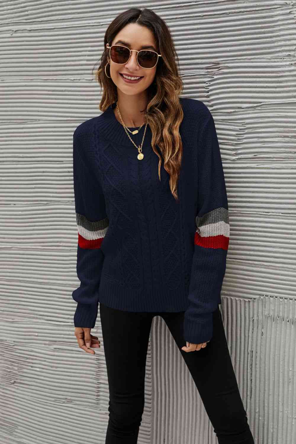 Feeling You Best Striped Cable-Knit Round Neck Sweater - Deals DejaVu