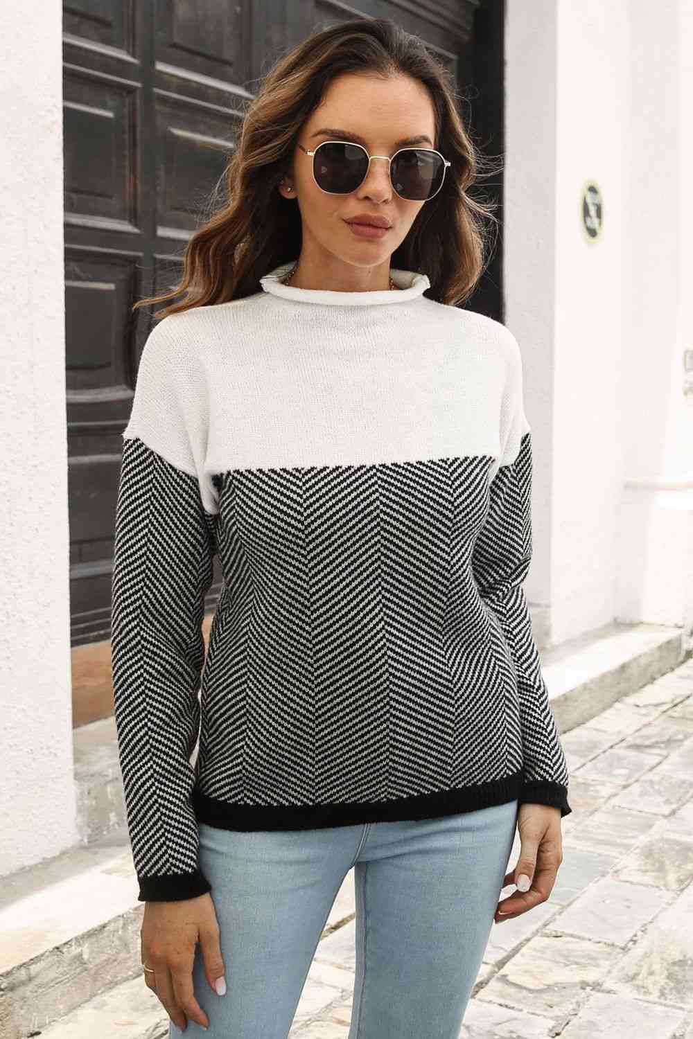 Two-Tone Mock Neck Dropped Shoulder Pullover Sweater - Deals DejaVu