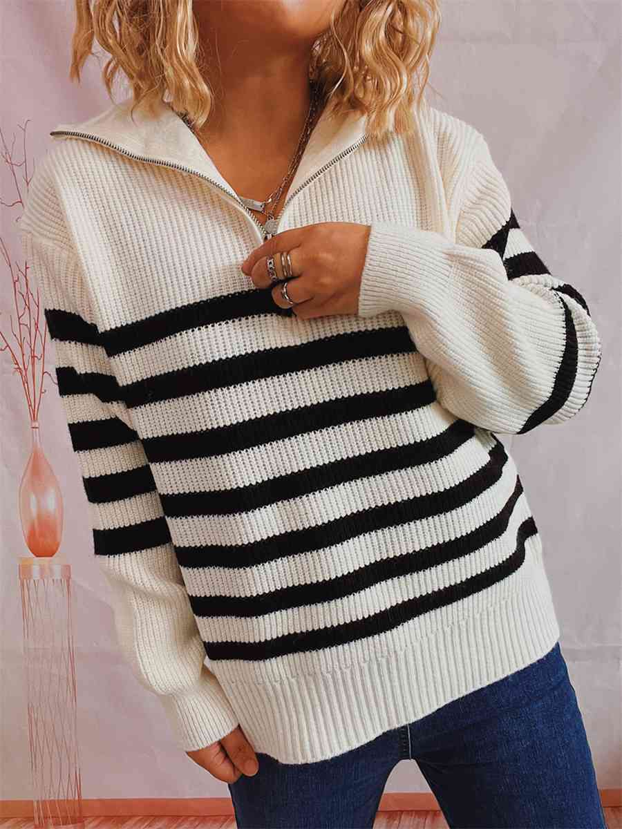 Striped Half Zip Collared Sweater - Deals DejaVu