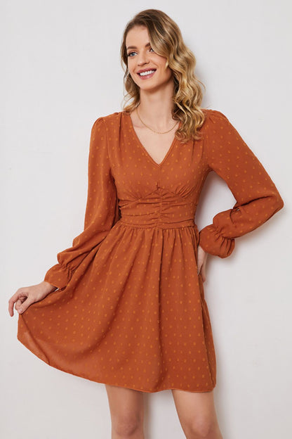 Swiss Dot Ruched V-Neck Flounce Sleeve Dress (BWD)(WS06)T