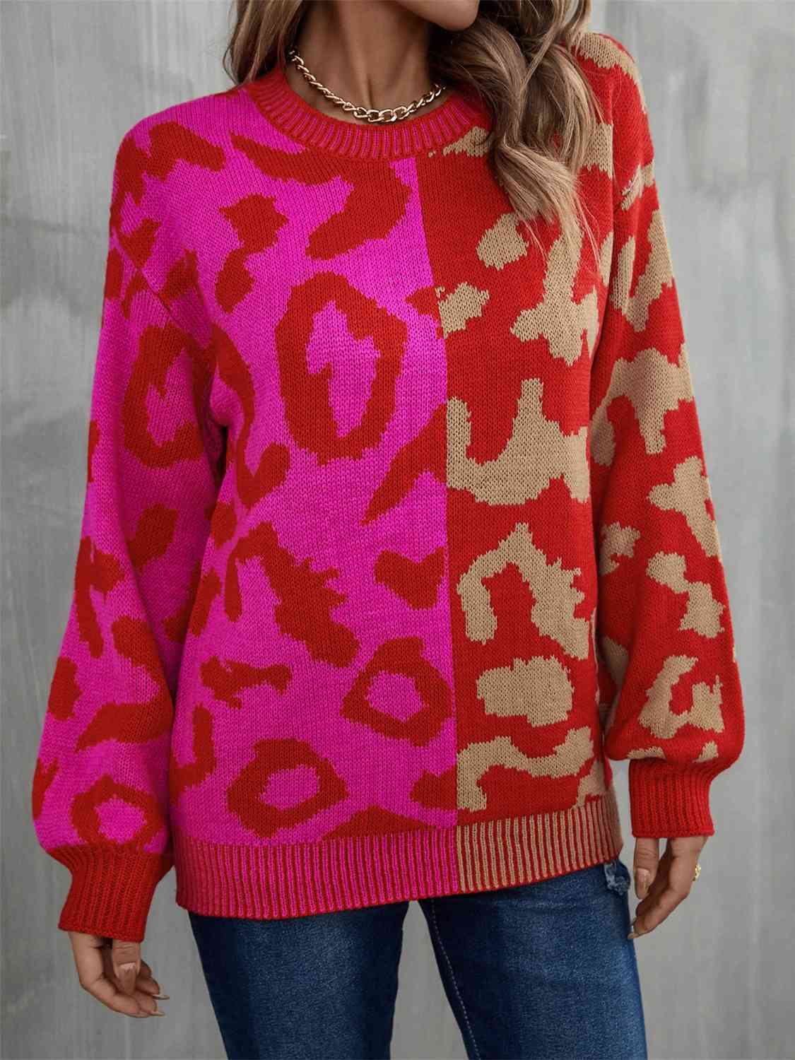 Leopard Round Neck Long Sleeve Sweater - Deals DejaVu