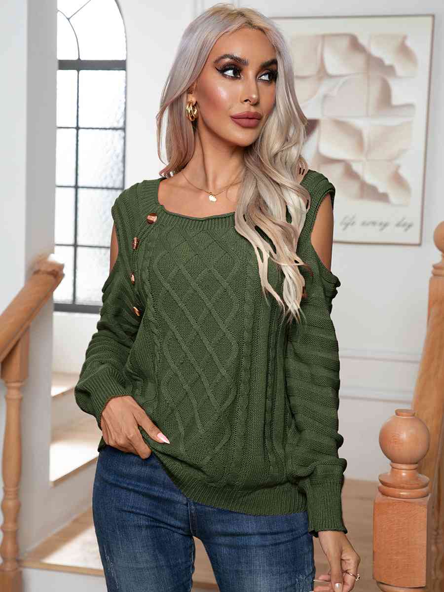 Decorative Button Cold-Shoulder Sweater - Deals DejaVu