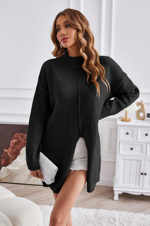 Exposed Seam Mock Neck Slit Sweater - Deals DejaVu