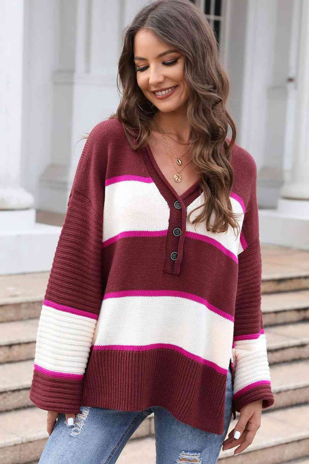 Striped Dropped Shoulder Side Slit Sweater - Deals DejaVu