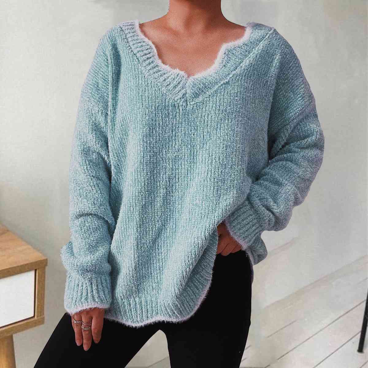 V-Neck Drop Shoulder Long Sleeve Sweater - Deals DejaVu