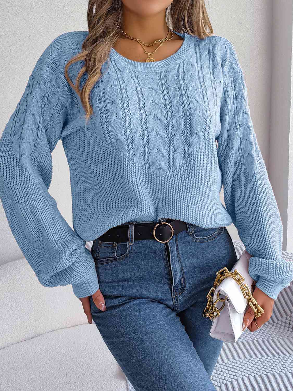 Cable-Knit Round Neck Drop Shoulder Sweater - Deals DejaVu