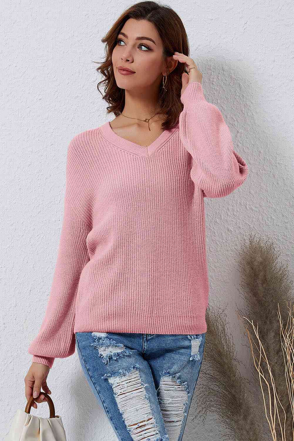 V-Neck Ribbed Dropped Shoulder Sweater - Deals DejaVu