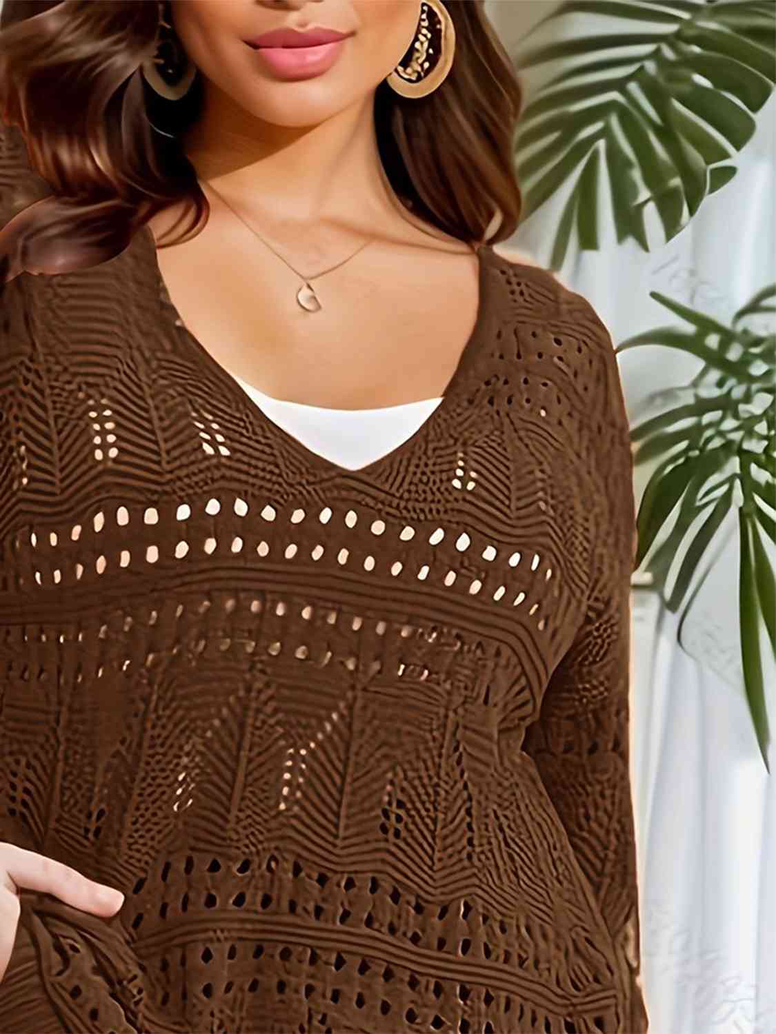 Plus Size Openwork Plunge Long Sleeve Sweater - Deals DejaVu