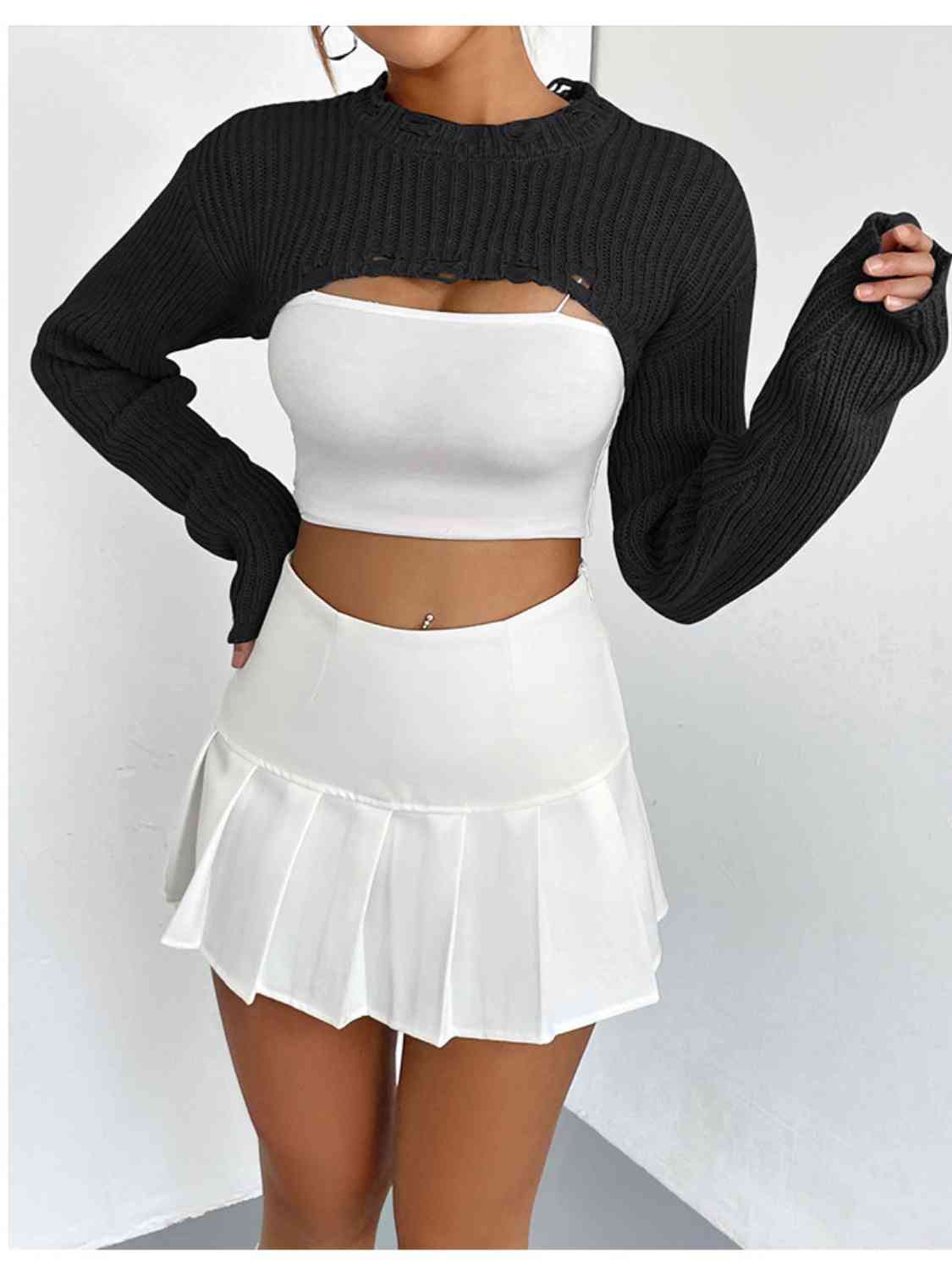 Distressed Long Sleeve Cropped Sweater - Deals DejaVu