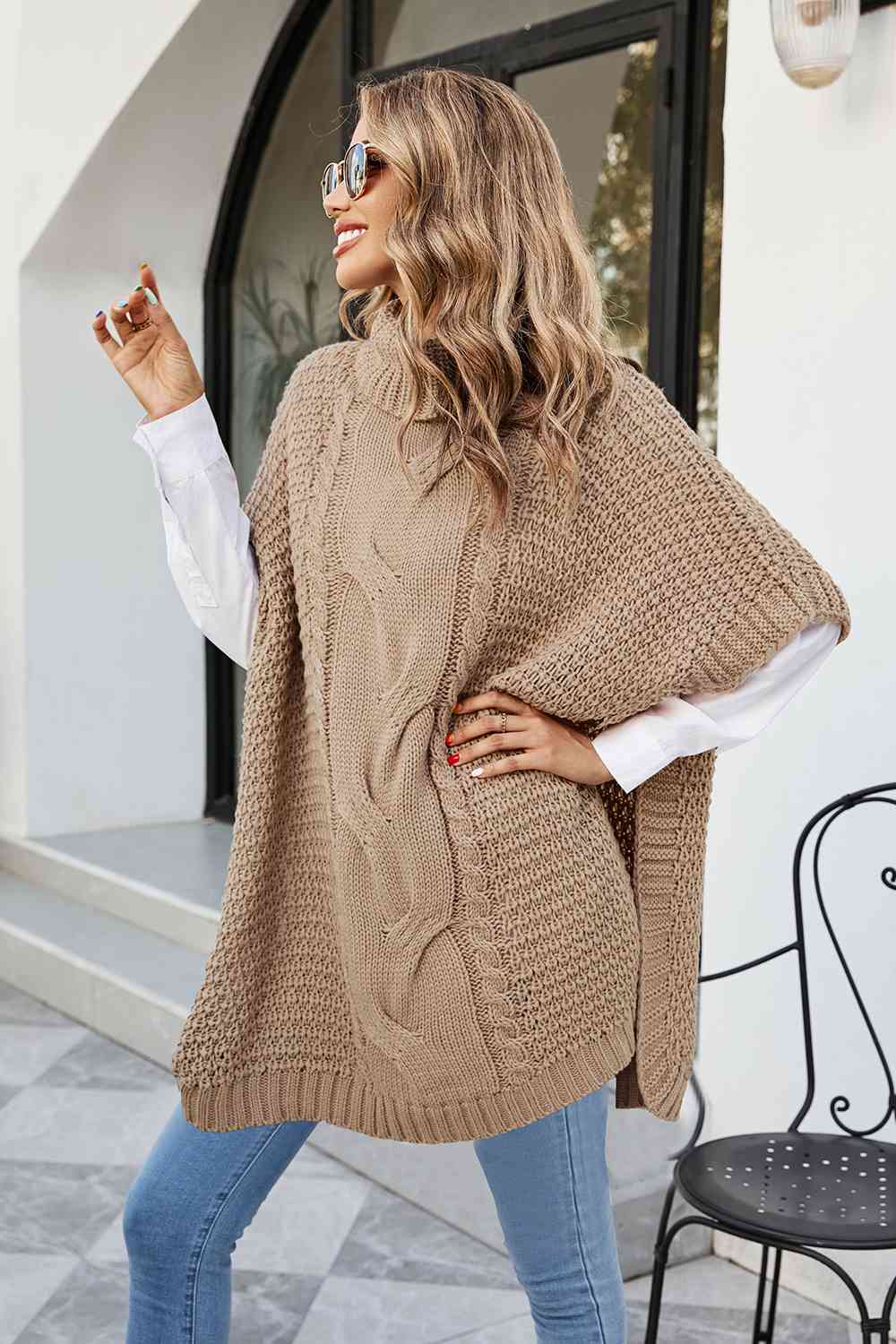 Cable-Knit Turtleneck Slit Sweater - Deals DejaVu