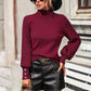 Mock Neck Ribbed Lantern Sleeve Pullover Sweater - Deals DejaVu