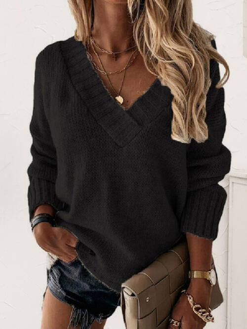 V-Neck Long Sleeve Knit Top - Deals DejaVu