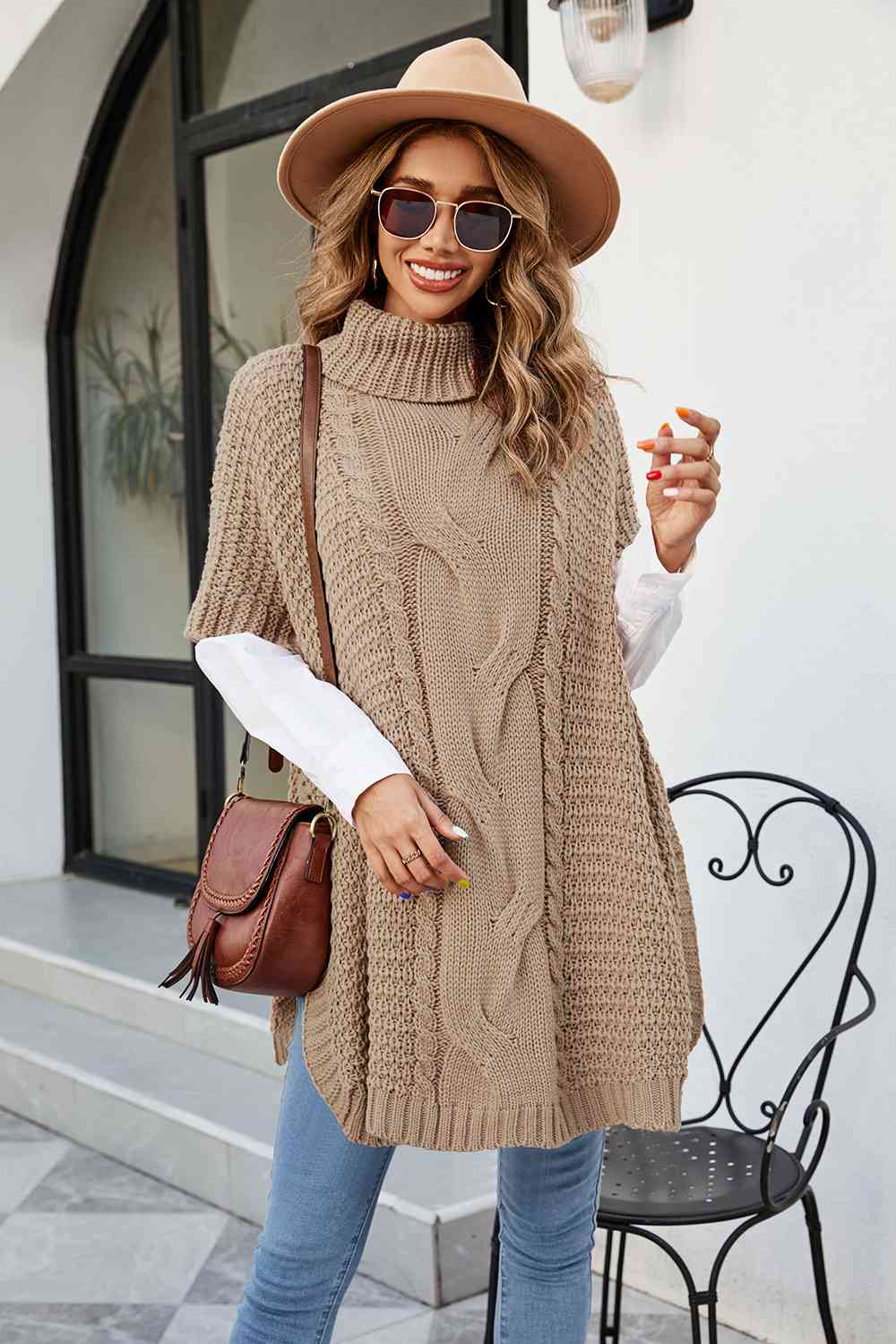 Cable-Knit Turtleneck Slit Sweater - Deals DejaVu