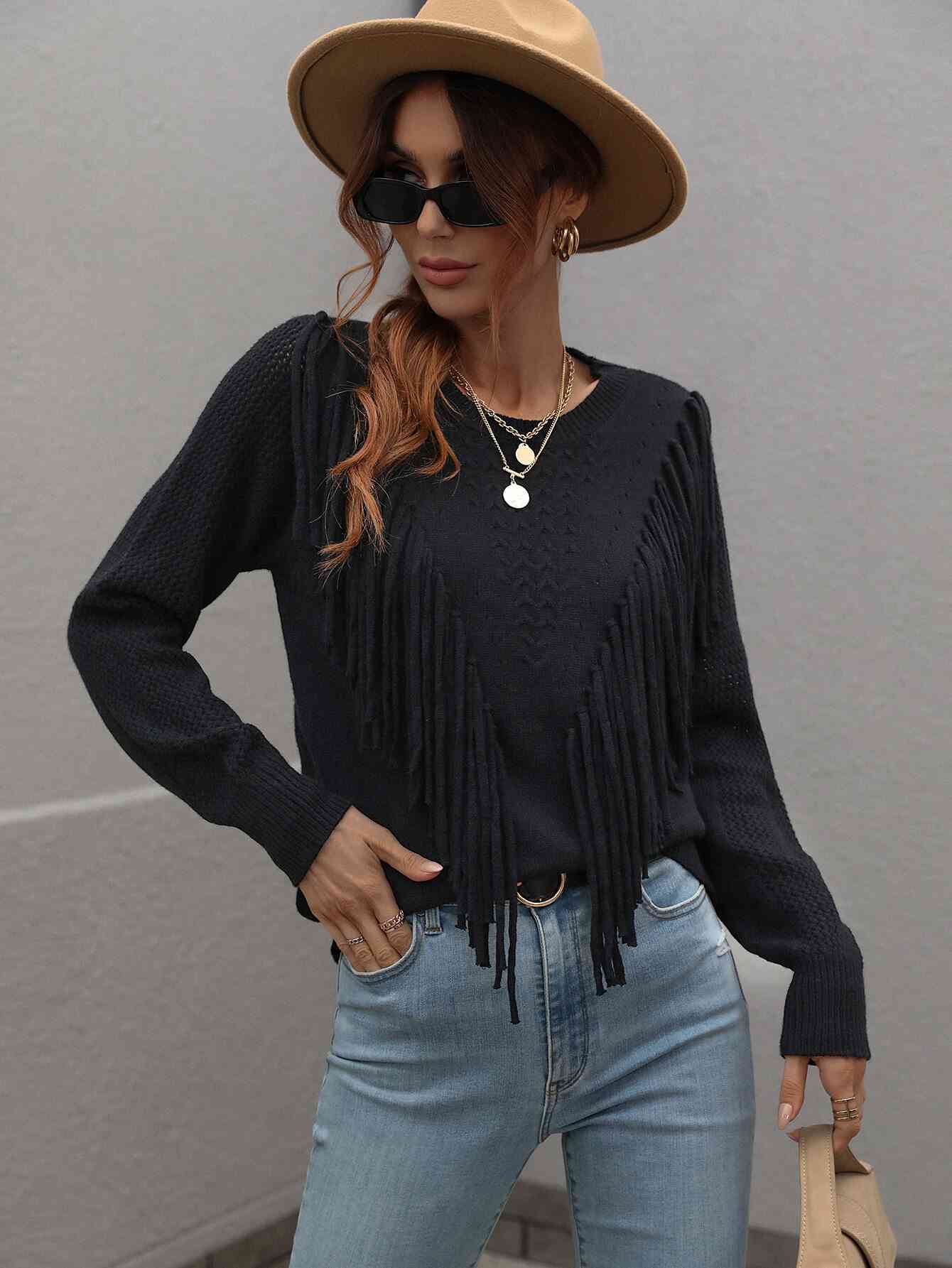 Double Take Fringe Detail Ribbed Trim Sweater - Deals DejaVu