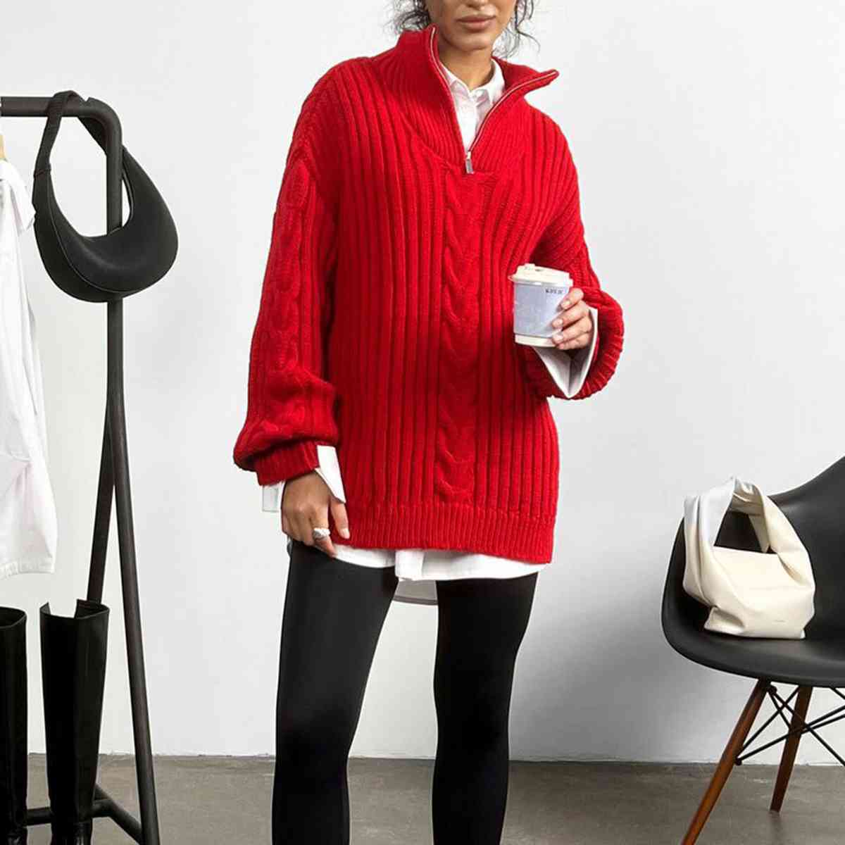 Ribbed Half Zip Long Sleeve Sweater - Deals DejaVu