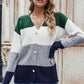 Woven Right Color Block V-Neck Button Down Cardigan