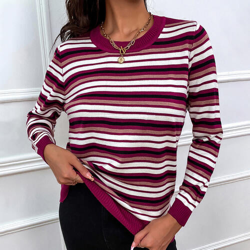 Striped Round Neck Long Sleeve Sweater