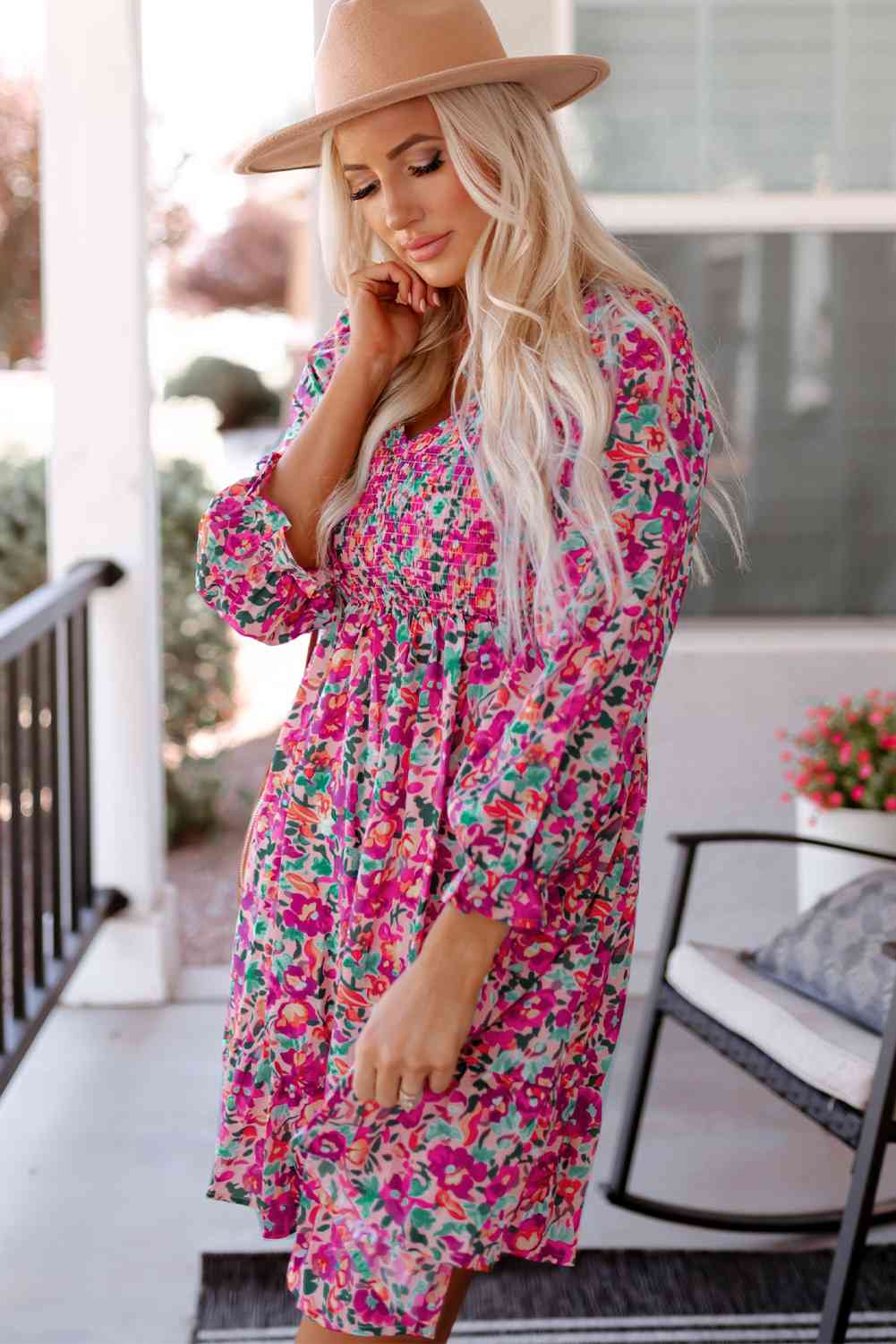 Floral Smocked V-Neck Flounce Sleeve Dress (MWBT) T - Deals DejaVu