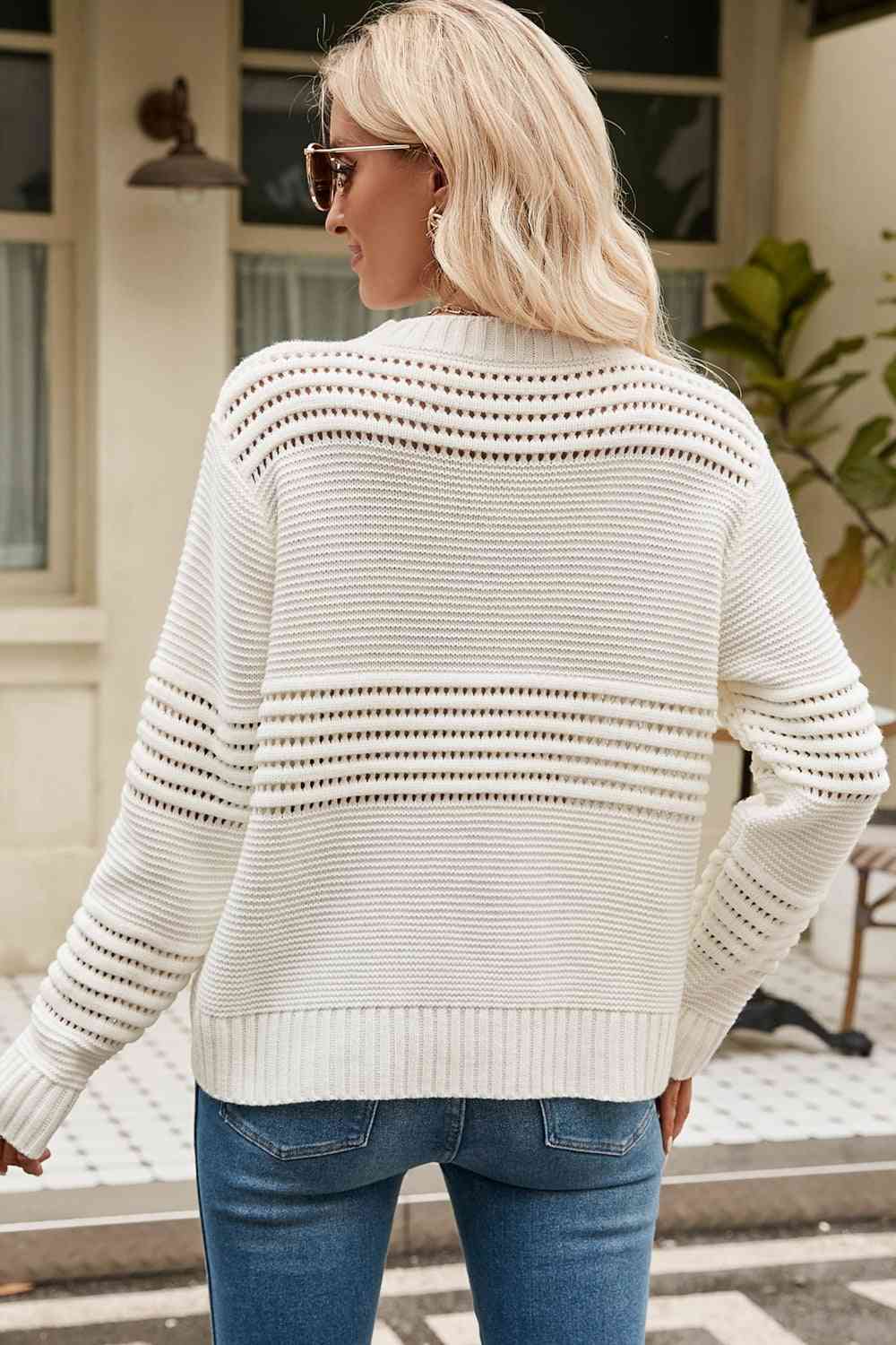 Round Neck Openwork Long Sleeve Pullover Sweater - Deals DejaVu