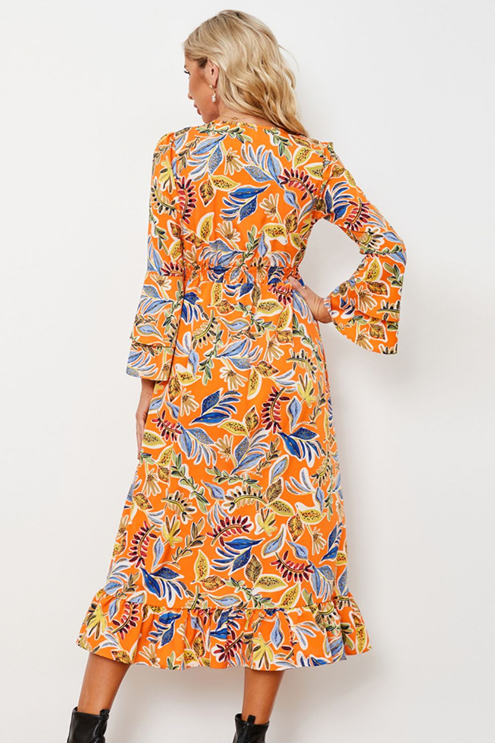 Printed Layered Flare Sleeve Split Tied Dress (BWD)(WS06)T - Deals DejaVu