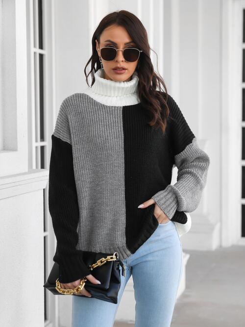 Contrast Turtleneck Long Sleeve Sweater - Deals DejaVu