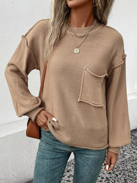 Exposed Seam Round Neck Sweater - Deals DejaVu