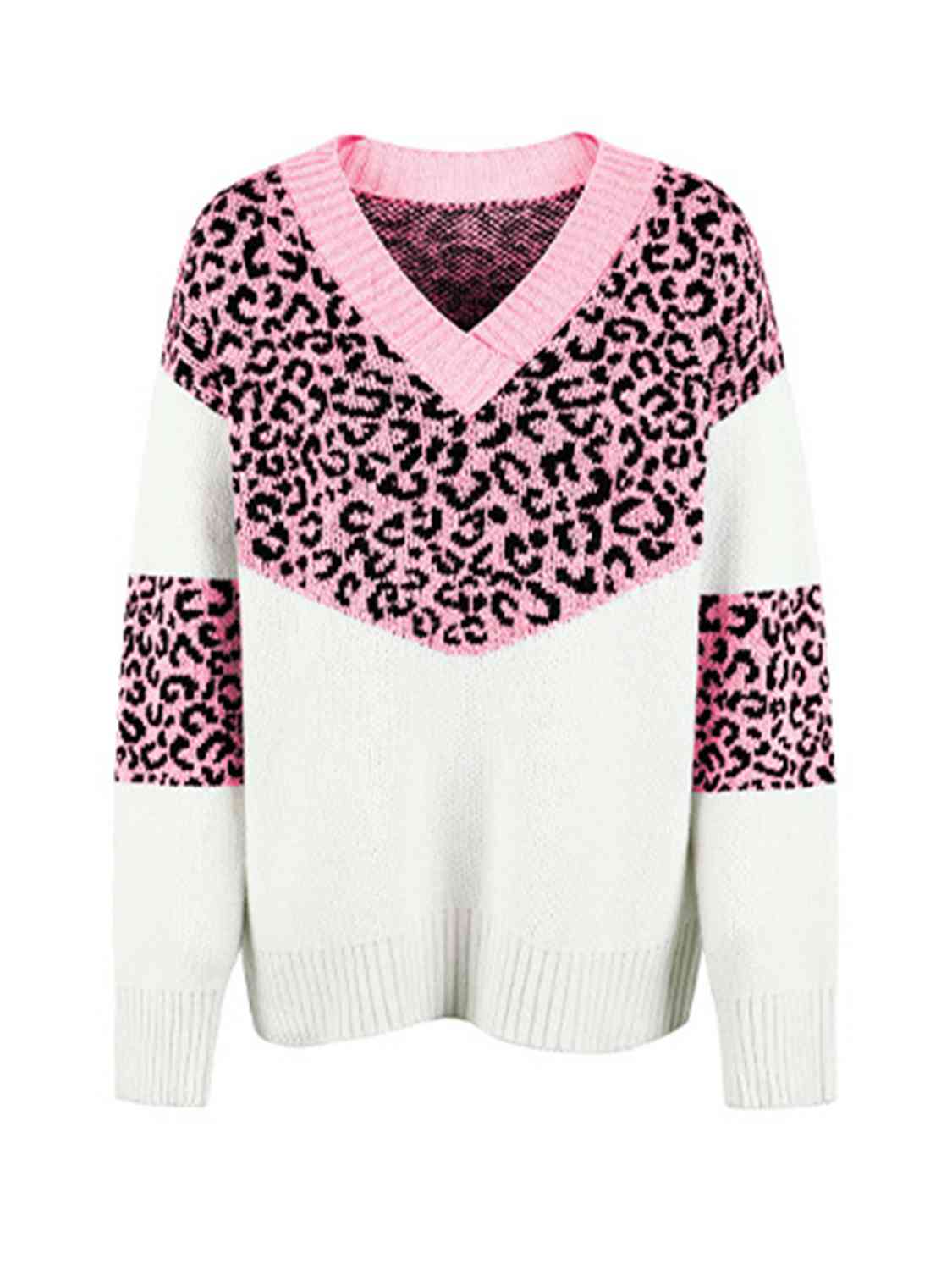 Leopard V-Neck Dropped Shoulder Sweater - Deals DejaVu