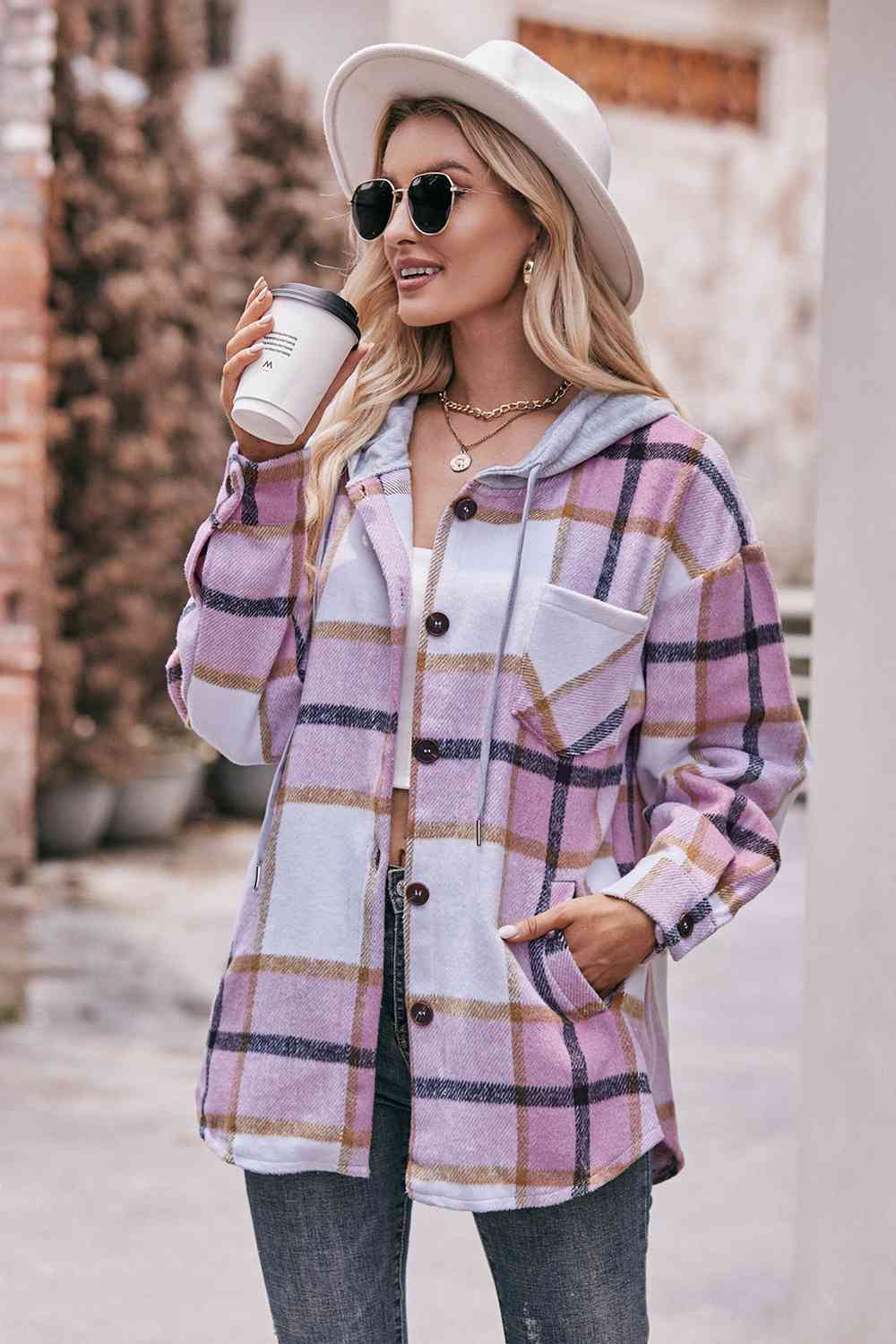 Plaid Dropped Shoulder Hooded Jacket (BFD) T - Deals DejaVu