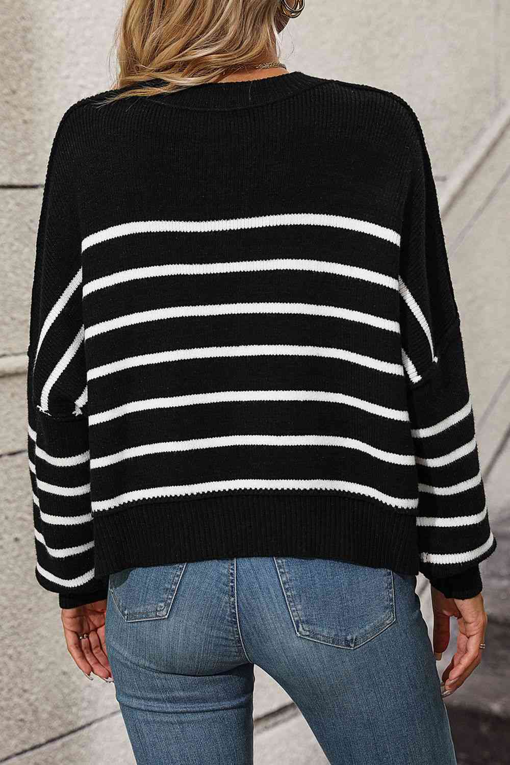 Striped Dropped Shoulder Round Neck Pullover Sweater - Deals DejaVu