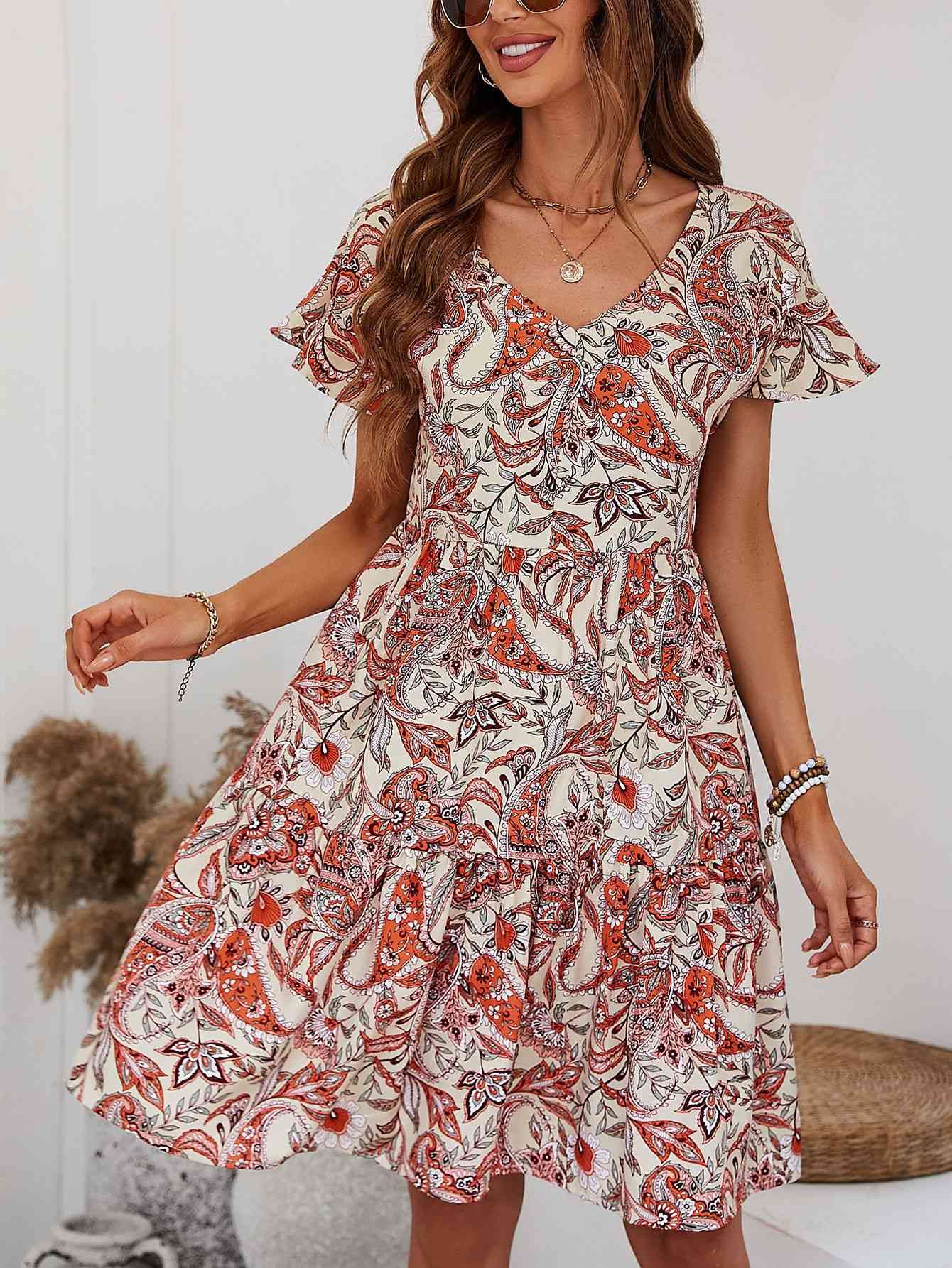 Printed V-Neck Tiered Dress (MWBT) T - Deals DejaVu