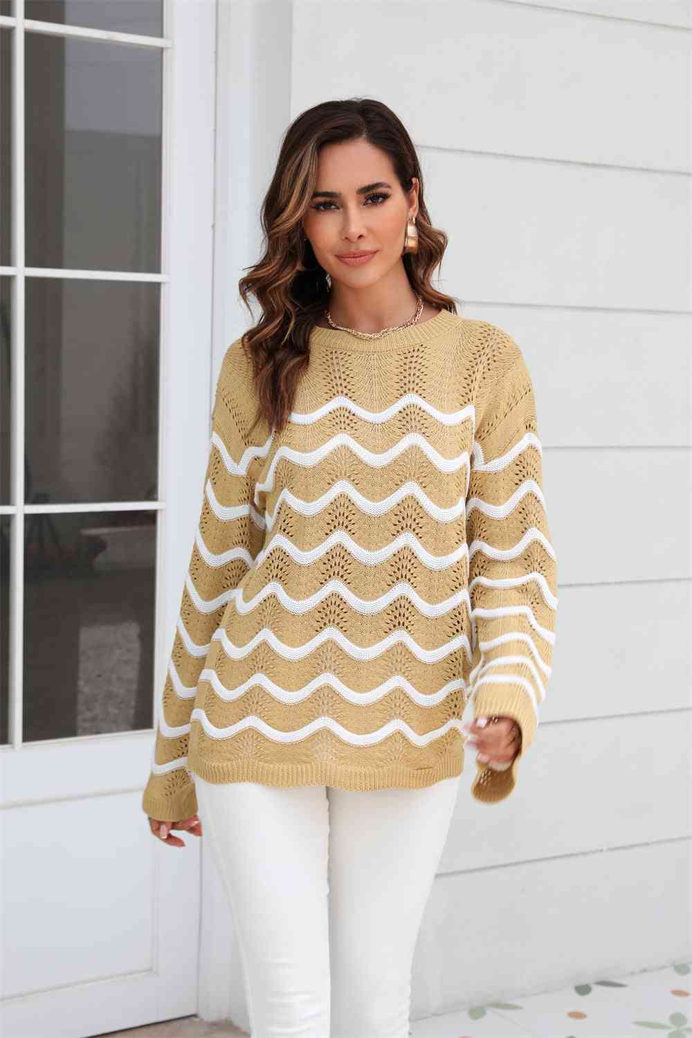 Wave Pattern Round Neck Long Sleeve Sweater - Deals DejaVu