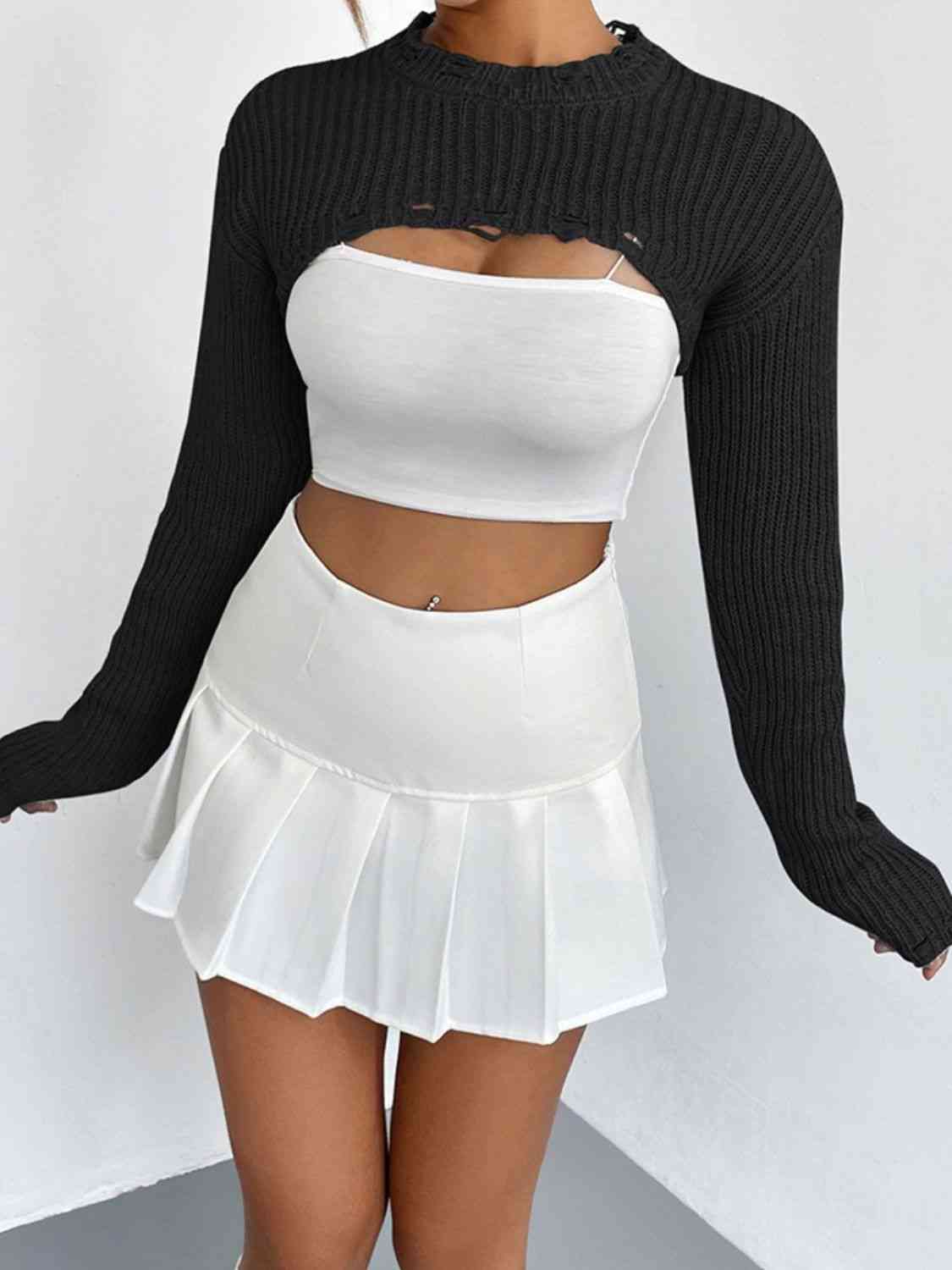 Distressed Long Sleeve Cropped Sweater - Deals DejaVu