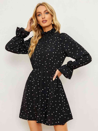 Printed Long Flounce Sleeve Frill Neck Dress (MWBT) T - Deals DejaVu