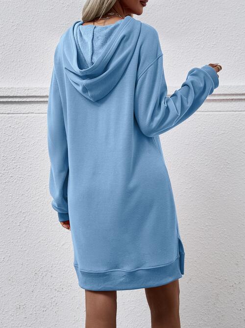 Slit Long Sleeve Hooded Dress with Pocket (MWBT) T - Deals DejaVu