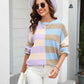 Round Neck Long Sleeve Color Block Dropped Shoulder Pullover Sweater