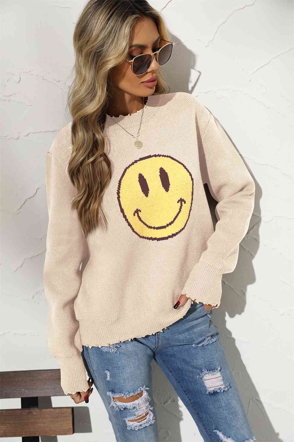 Round Neck Long Sleeve Smily Face Graphic Sweater (BFD) T - Deals DejaVu