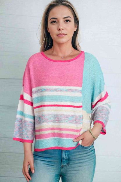 Printed Round Neck Dropped Shoulder Pullover Sweater - Deals DejaVu