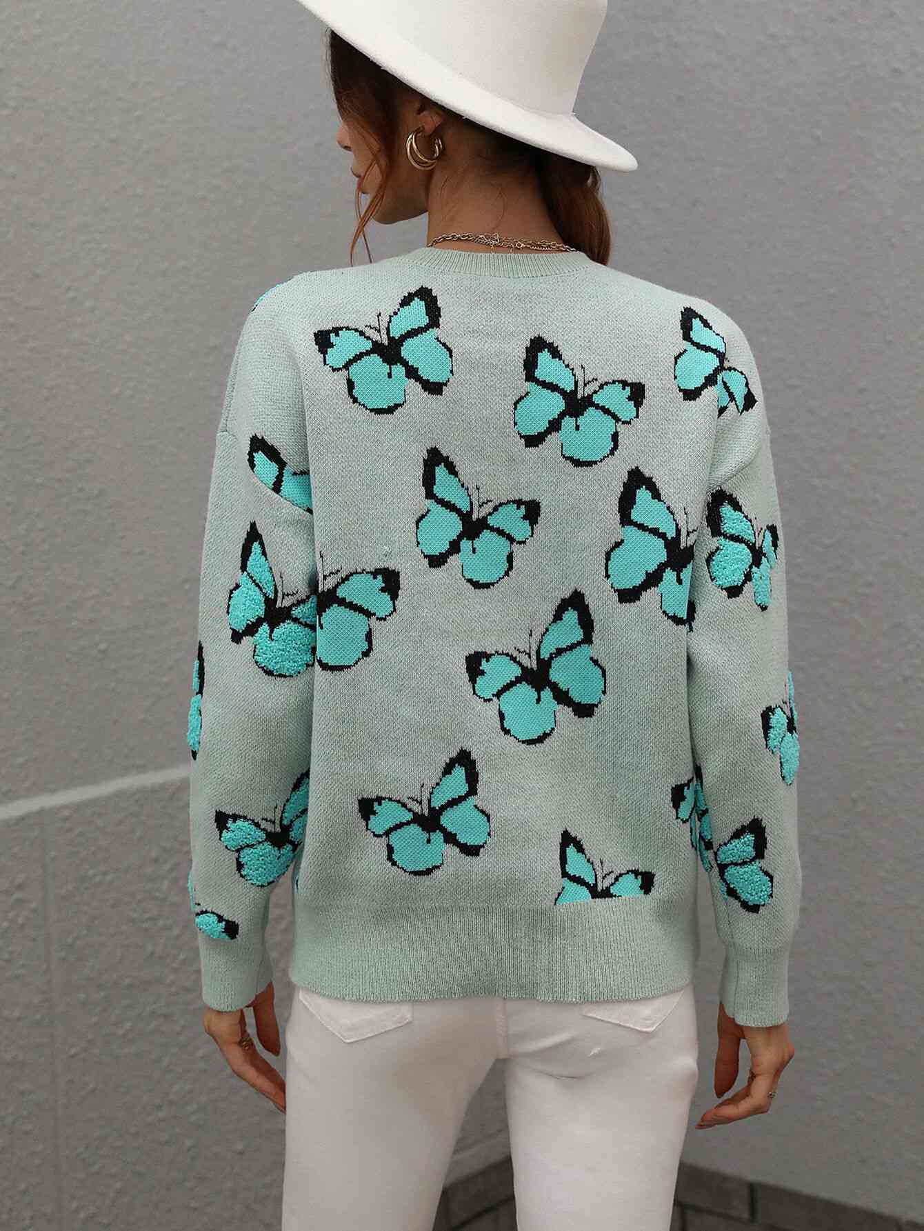 Woven Right Butterfly Dropped Shoulder Crewneck Sweater - Deals DejaVu