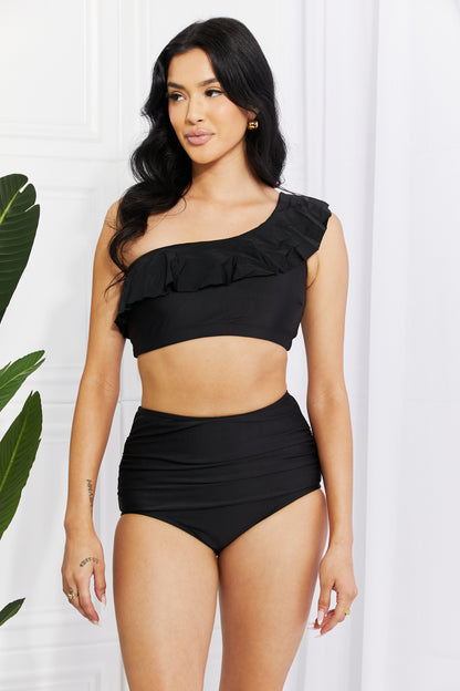 Marina West Swim Seaside Romance Ruffle One-Shoulder Bikini in Black (TB9D) T