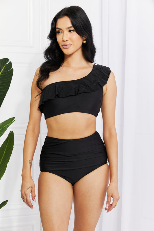 Marina West Swim Seaside Romance Ruffle One-Shoulder Bikini in Black (TB9D) T - Deals DejaVu