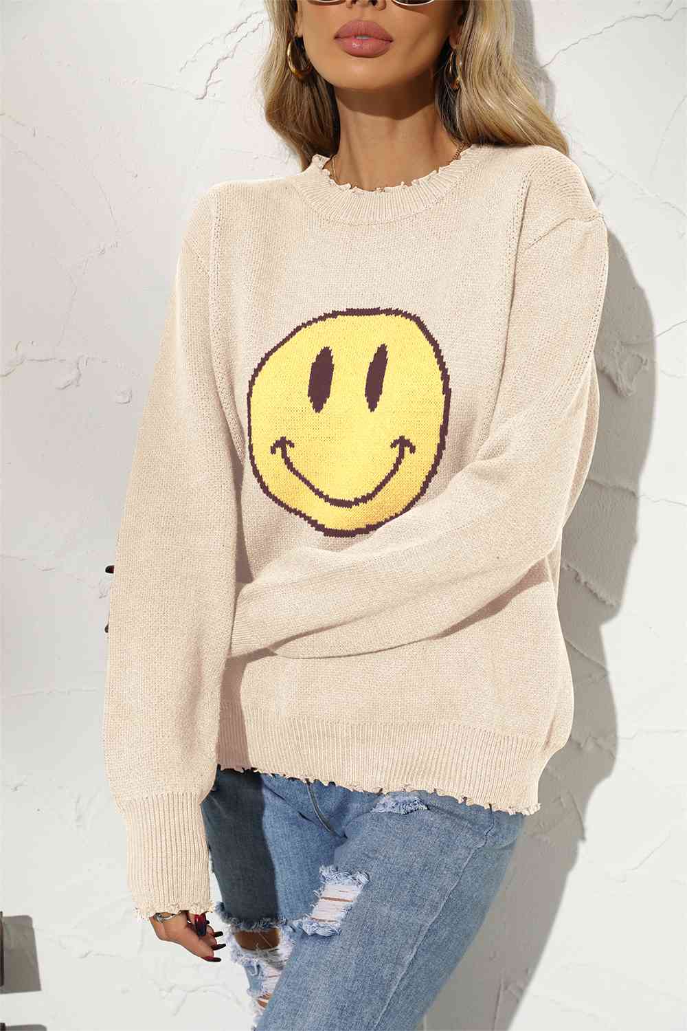 Round Neck Long Sleeve Smily Face Graphic Sweater (BFD) T - Deals DejaVu