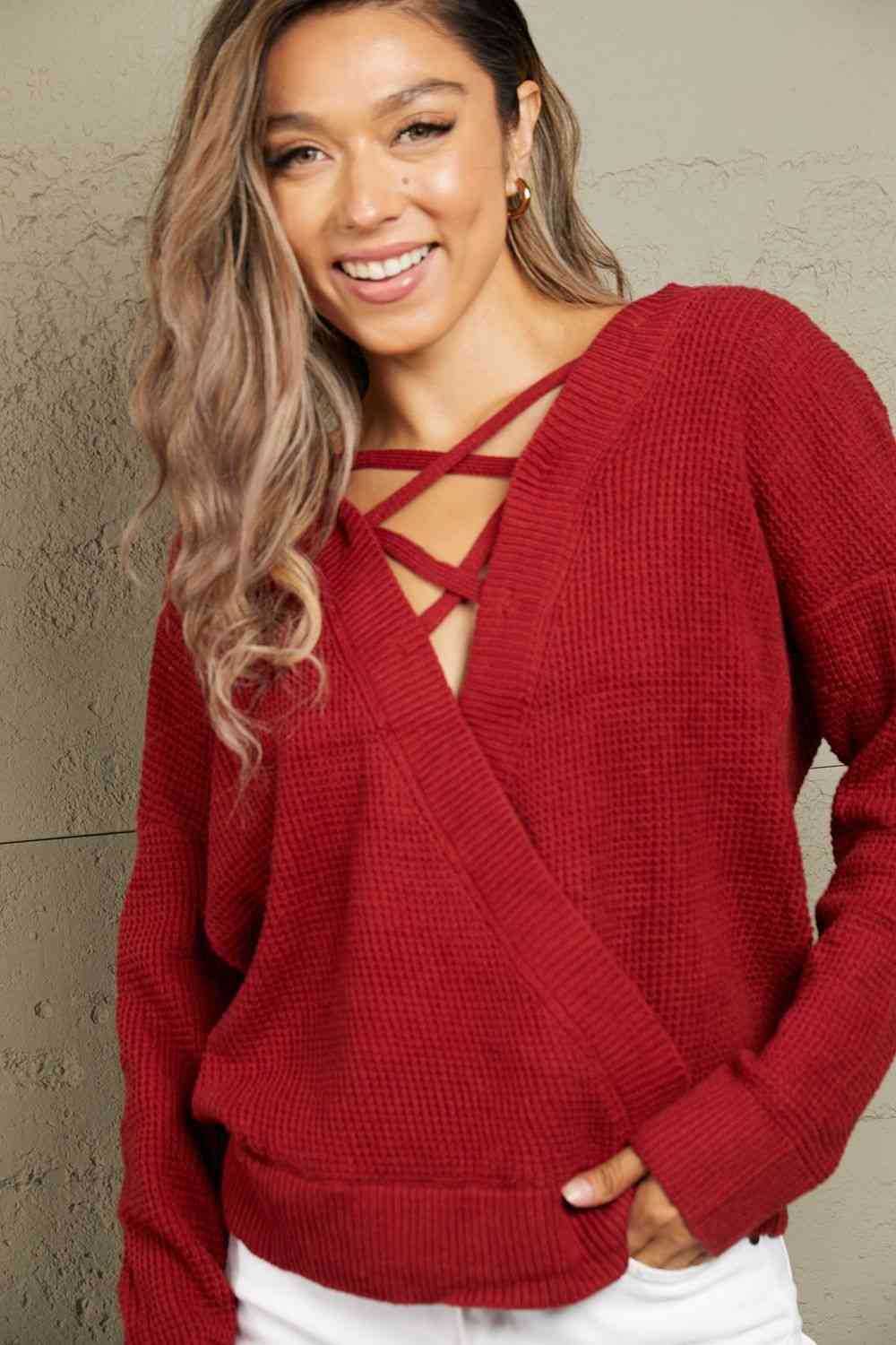 Woven Right Crisscross Back Waffle-Knit Sweater - Deals DejaVu