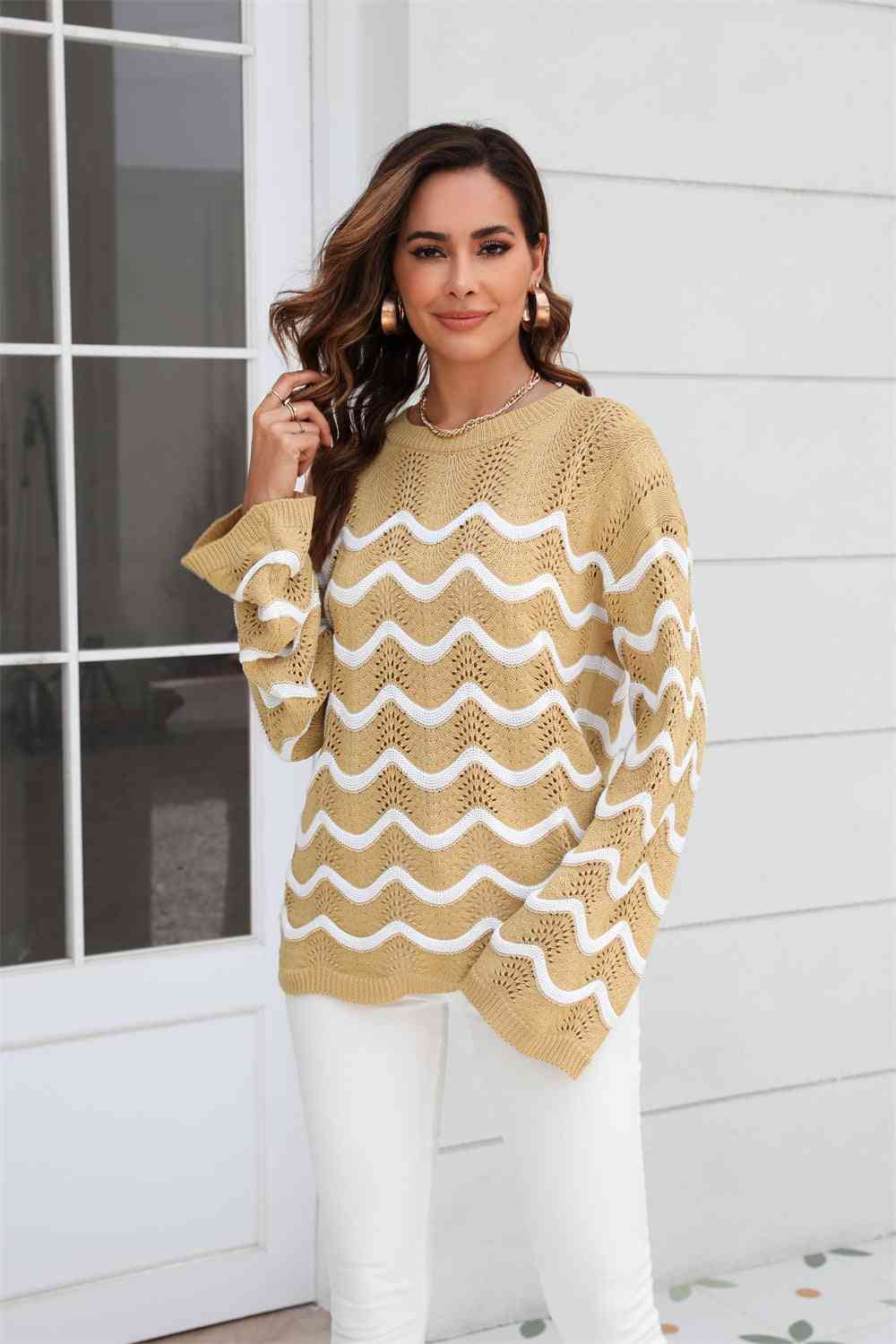 Wave Pattern Round Neck Long Sleeve Sweater - Deals DejaVu