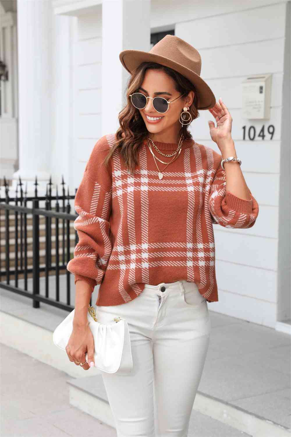 Printed Round Neck Dropped Shoulder Sweater - Deals DejaVu