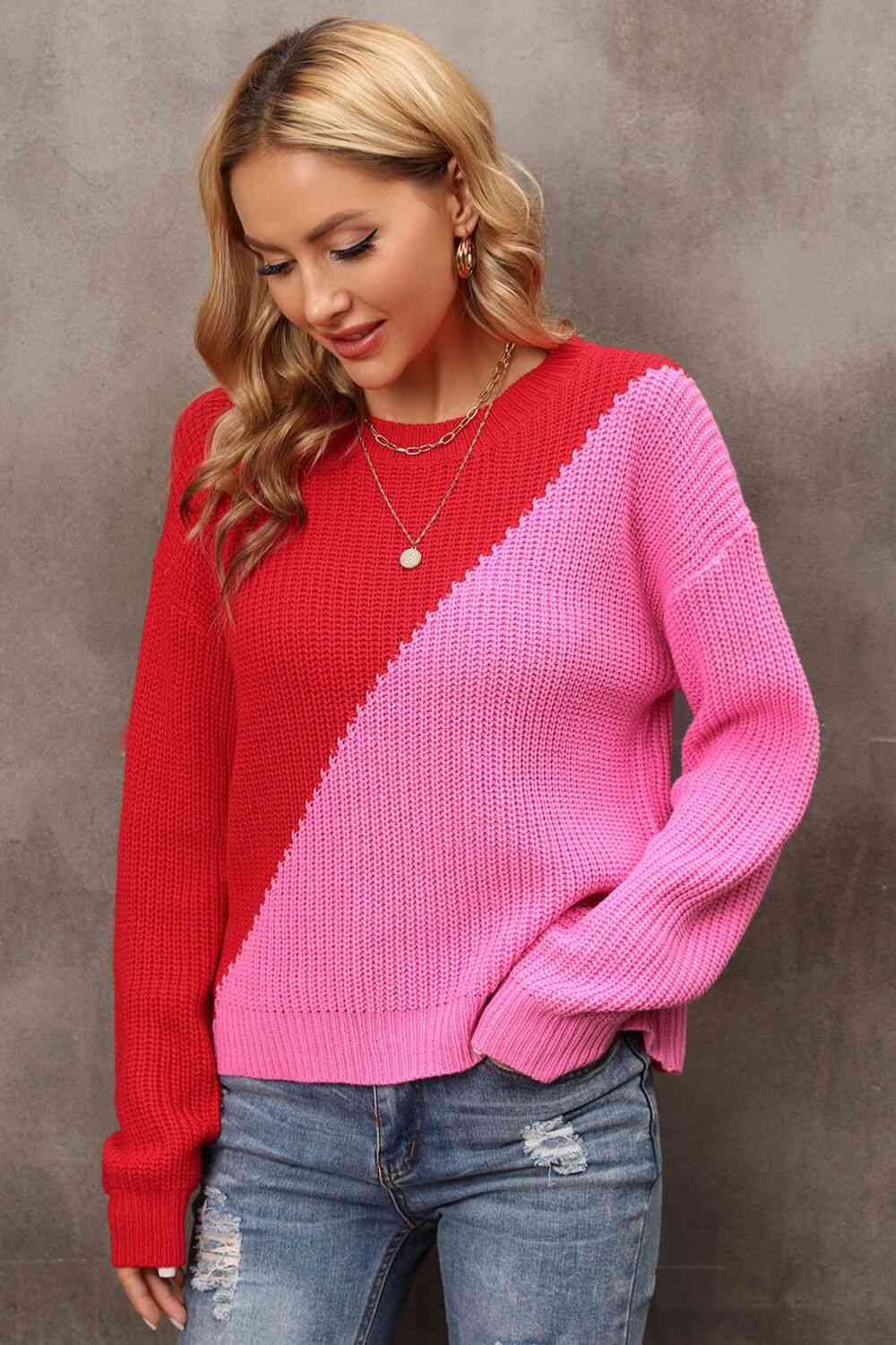 Two-Tone Round Neck Dropped Shoulder Sweater - Deals DejaVu