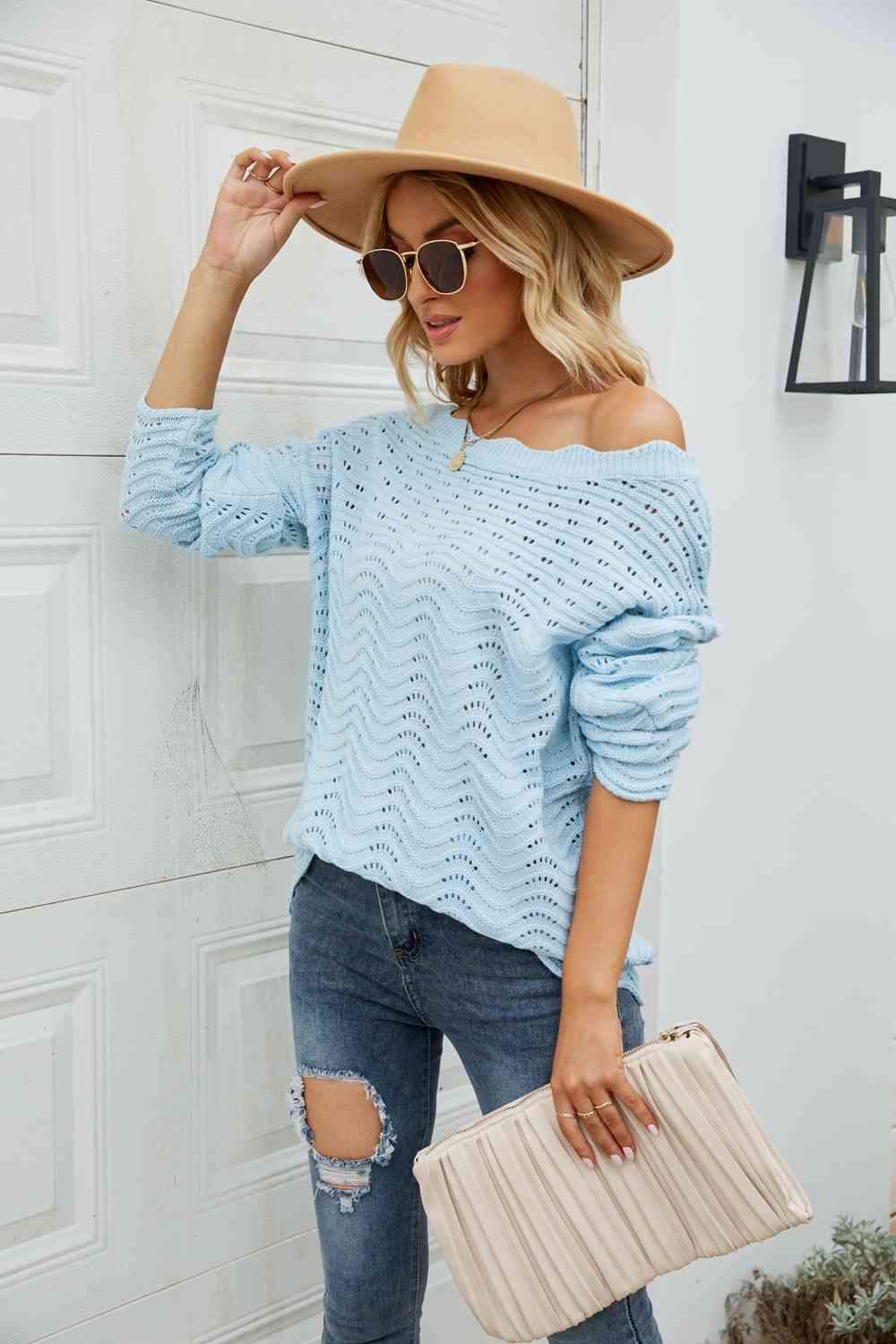 Woven Right Scalloped Boat Neck Openwork Tunic Sweater - Deals DejaVu