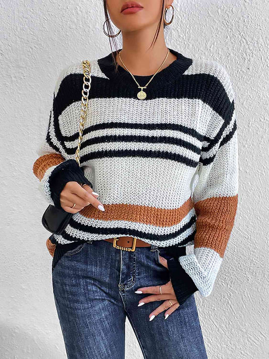 Striped Round Neck Sweater - Deals DejaVu