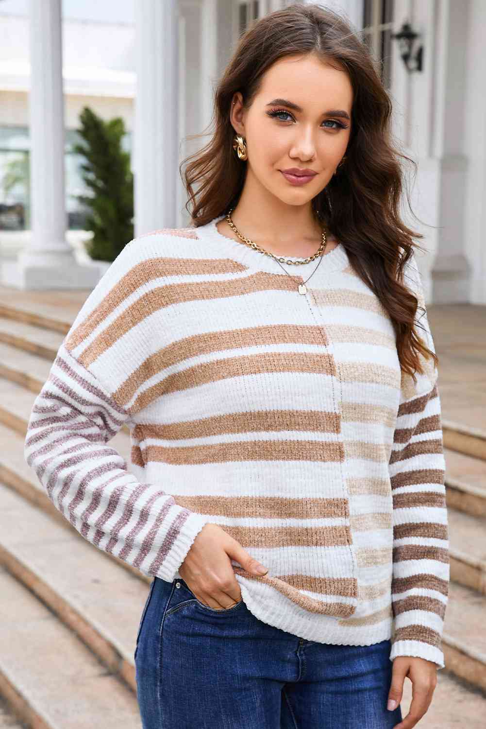 Striped Round Neck Dropped Shoulder Sweater