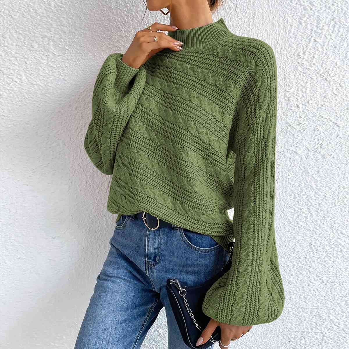 Cable-Knit Mock Neck Long Sleeve Sweater - Deals DejaVu